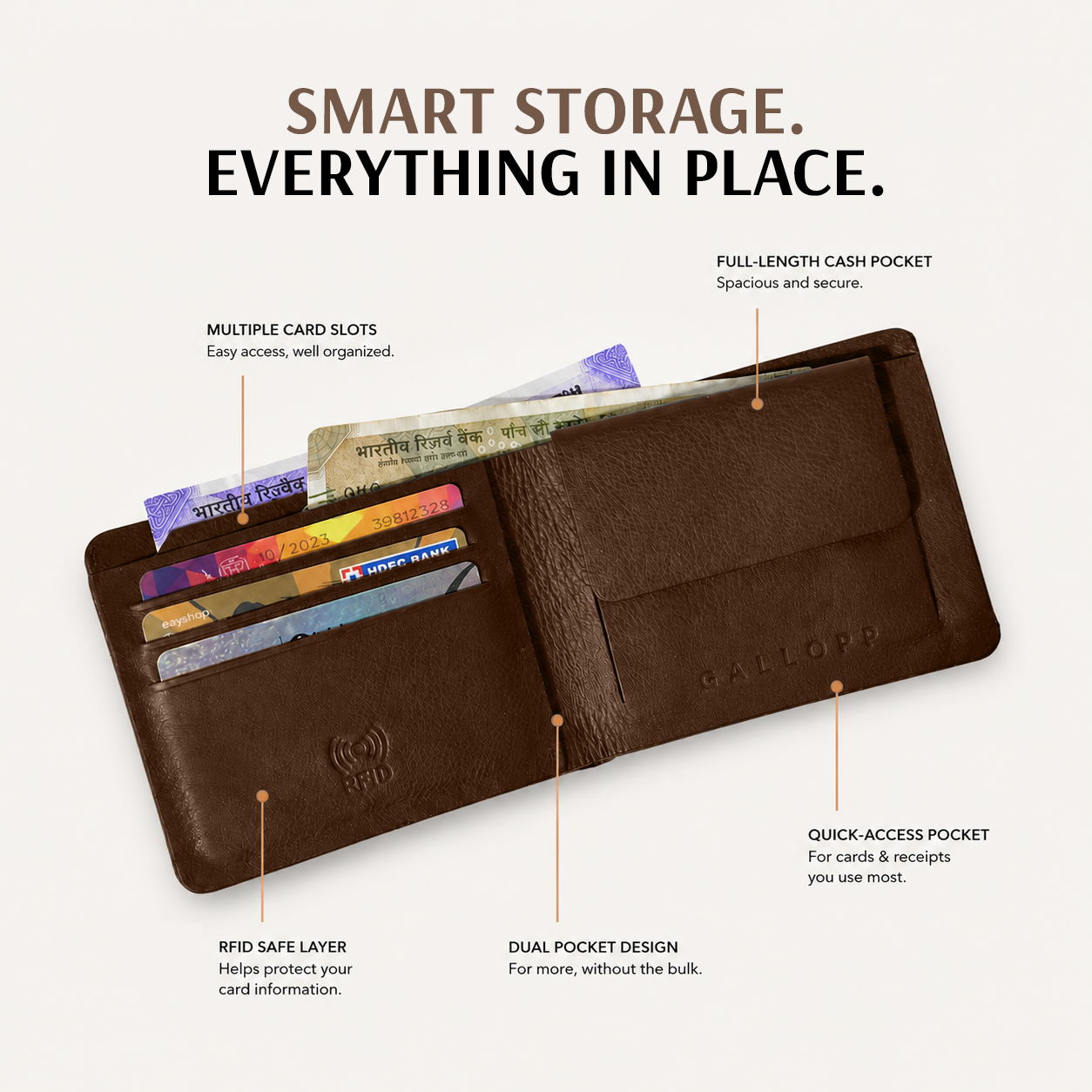 Men's Stitchless Leather Bifold Wallet : Tan Brown