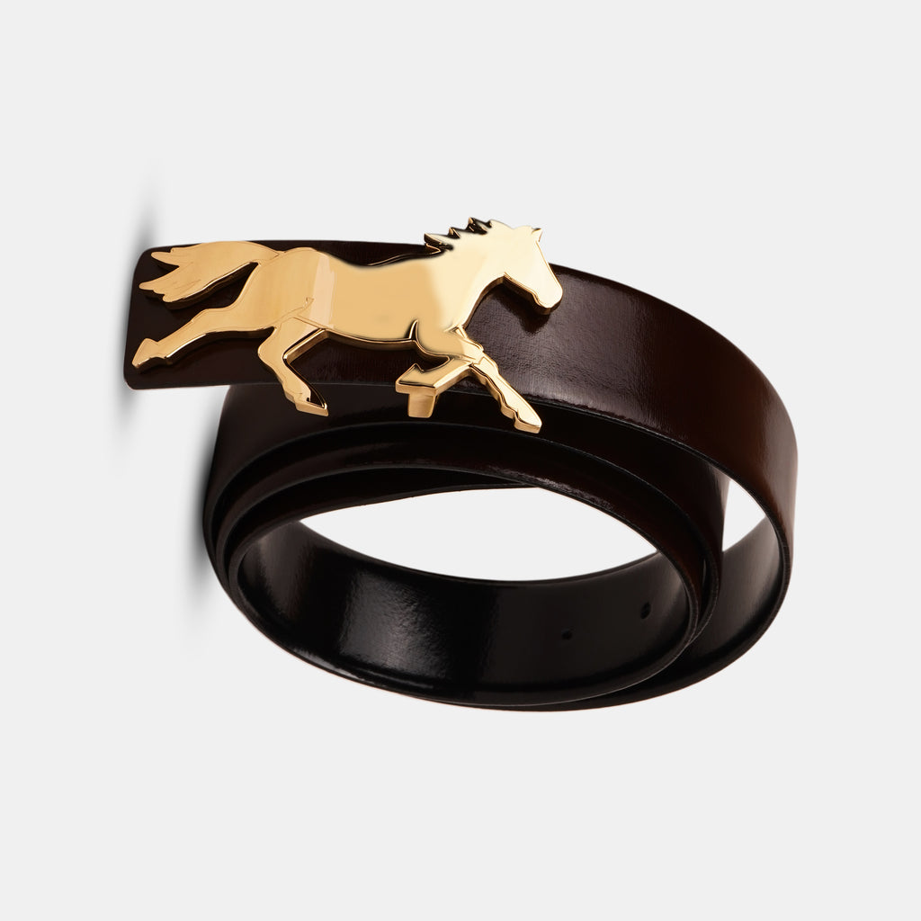 GALLOPP exclusive belt Non Reversible Italian Leather Belt with 18 carat gold plated on stainless steel horse buckle for men & women