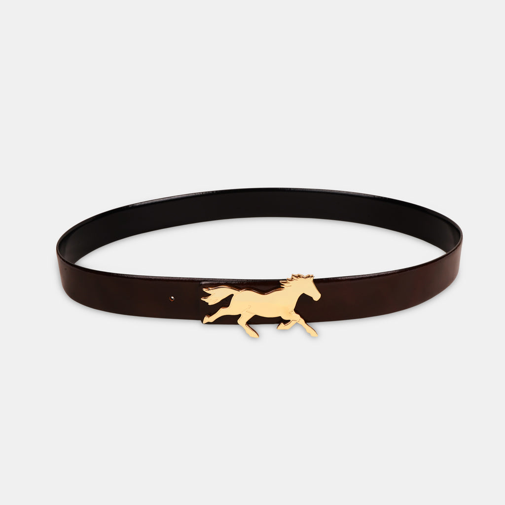 GALLOPP exclusive belt Non Reversible Italian Leather Belt with 18 carat gold plated on stainless steel horse buckle for men & women