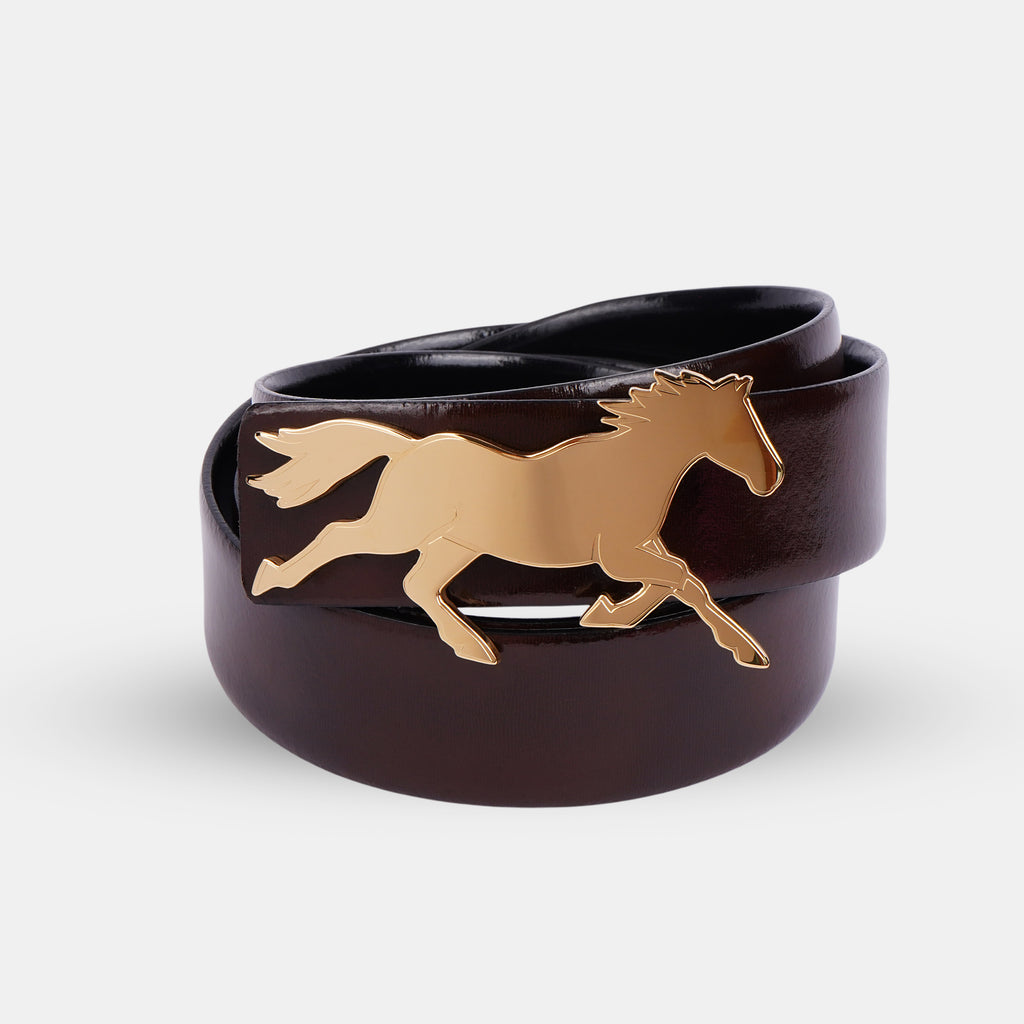 GALLOPP exclusive belt Non Reversible Italian Leather Belt with 18 carat gold plated on stainless steel horse buckle for men & women