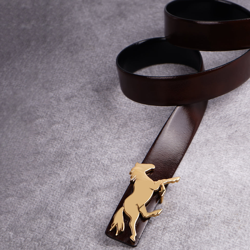 GALLOPP exclusive belt Non Reversible Italian Leather Belt with 18 carat gold plated on stainless steel horse buckle for men & women